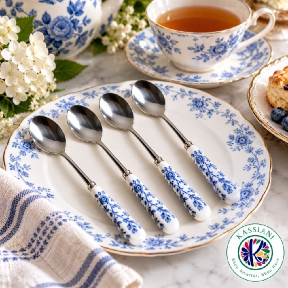 Kent Pottery Scroll Tea Spoons Set Of 4 Blue White Ceramic Handle Stainless